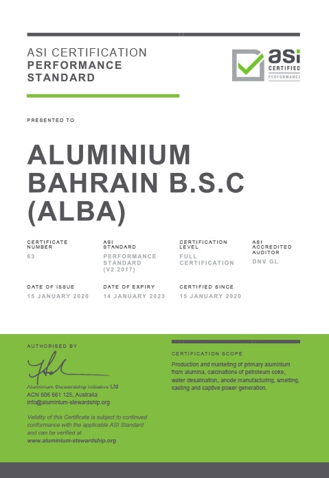 ASI Performance Standard Certification 2020