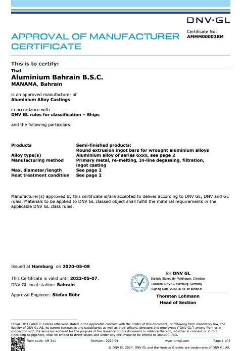 Marine Certification - For specific extrusion billet sizes and alloys used in ship fabrication and construction